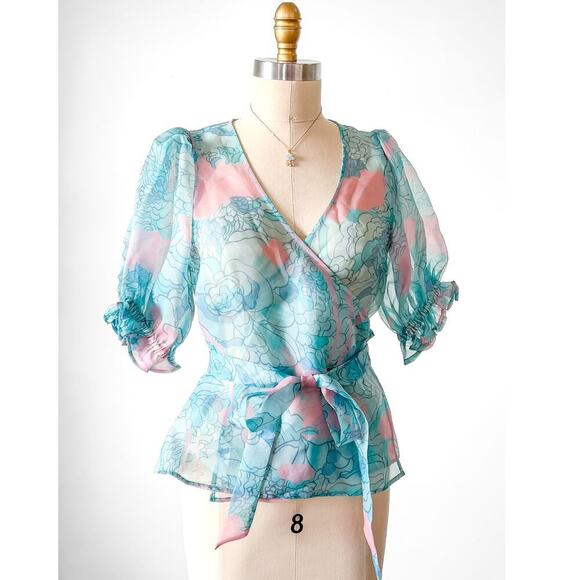 NEW Selkie Feminine Cloud 9 Blue and Pink Champagne Mod Print Wrap Top - Picture 7 of 11